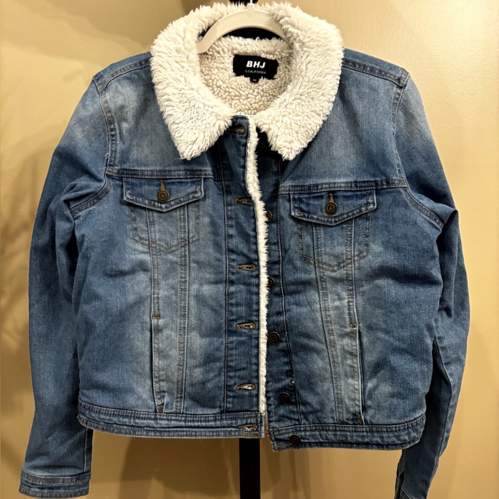 B H J Denim Jean Stretch Jacket Coat Sherpa Lined XL Blue Button Up